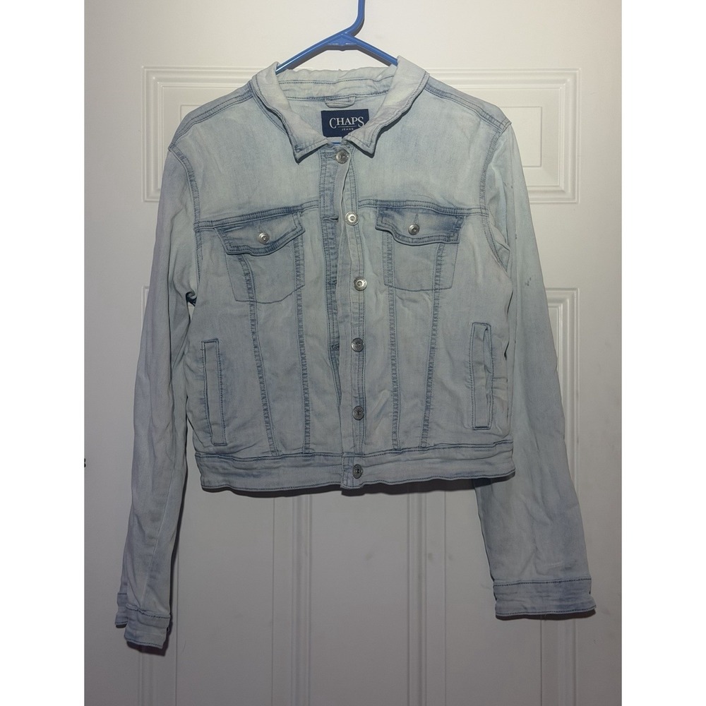 Chaps Women's Size S Blue Light Wash Button Front Denim Jacket Pockets Collared